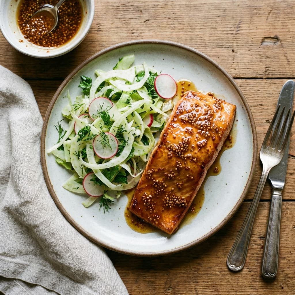 Sweet-smoke glaze and a crisp greens counterpunch.