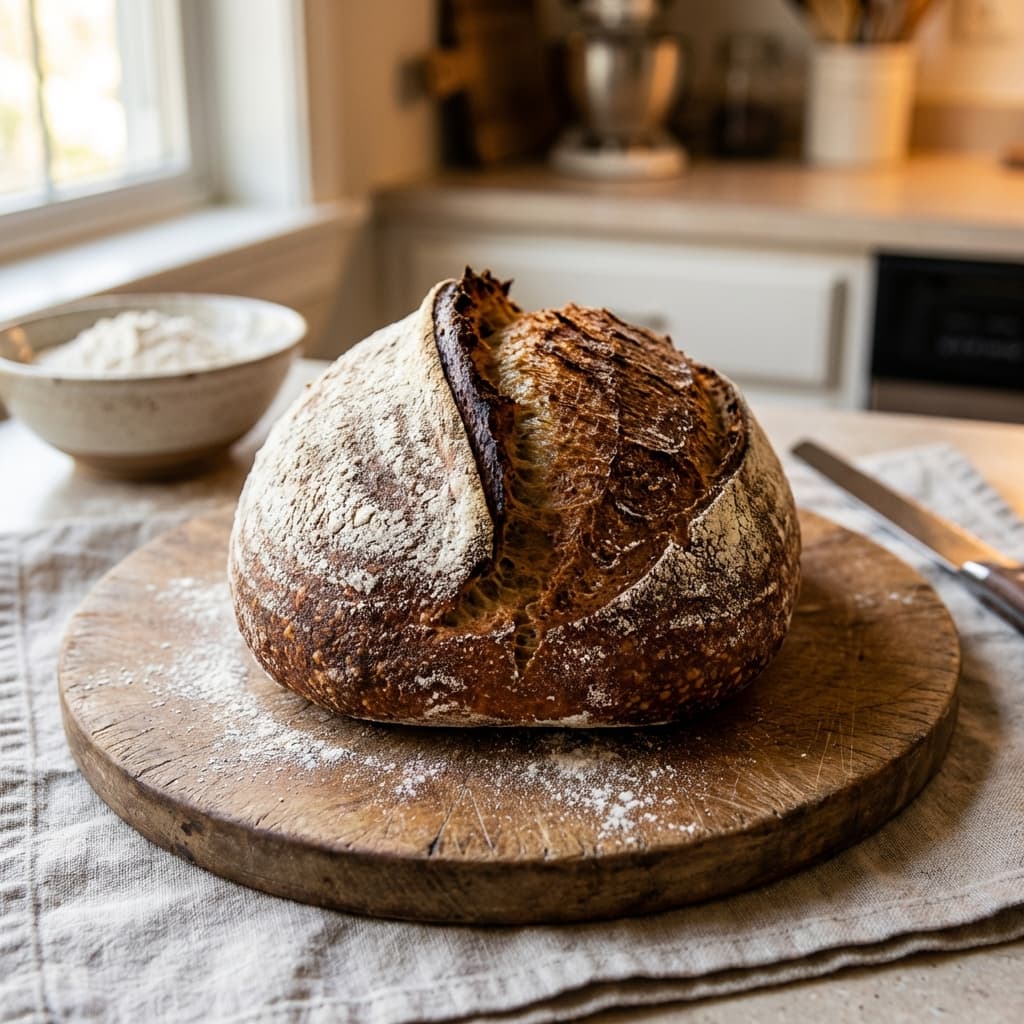 Artisan sourdough loaf with flour dusting and a crisp ear on a wooden board