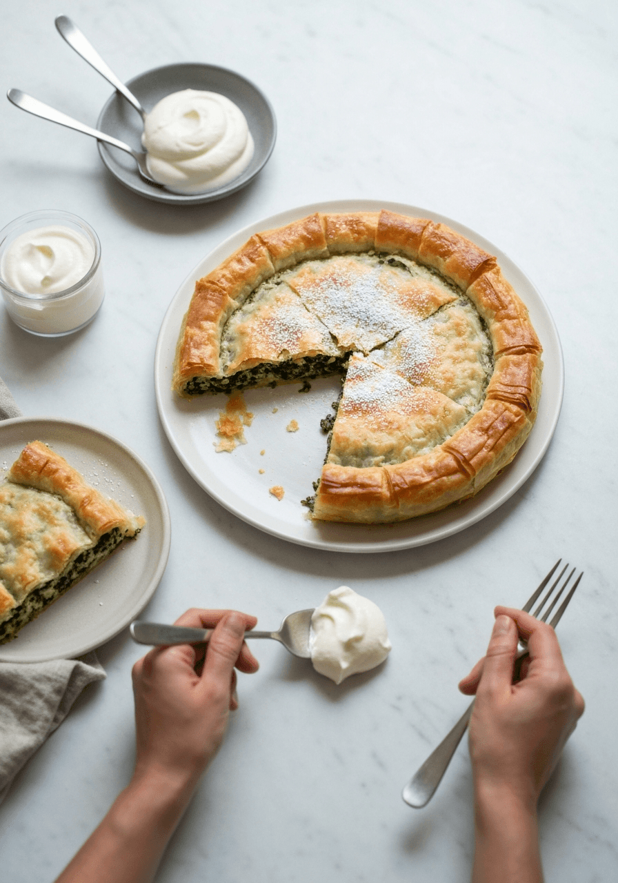 Spanakopita — Spinach Pie: Crispy, flaky phyllo dough embraces a savory spinach and feta filling in this classic Greek pie. A satisfying dish that's perfect for sharing!