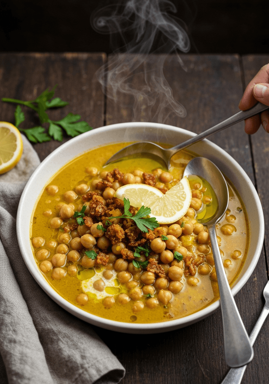 Spiced Chickpeas: Crispy bits, creamy broth, and a turmeric gold rush.