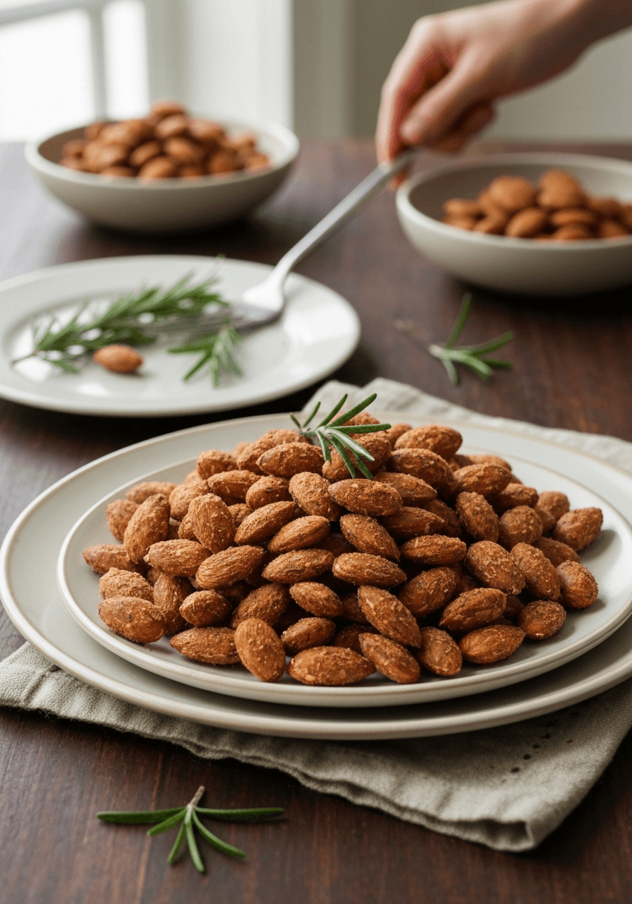 Aromatic rosemary and buttery Marcona almonds combine for an addictive cocktail snack. The egg white coating creates an irresistible crunch.