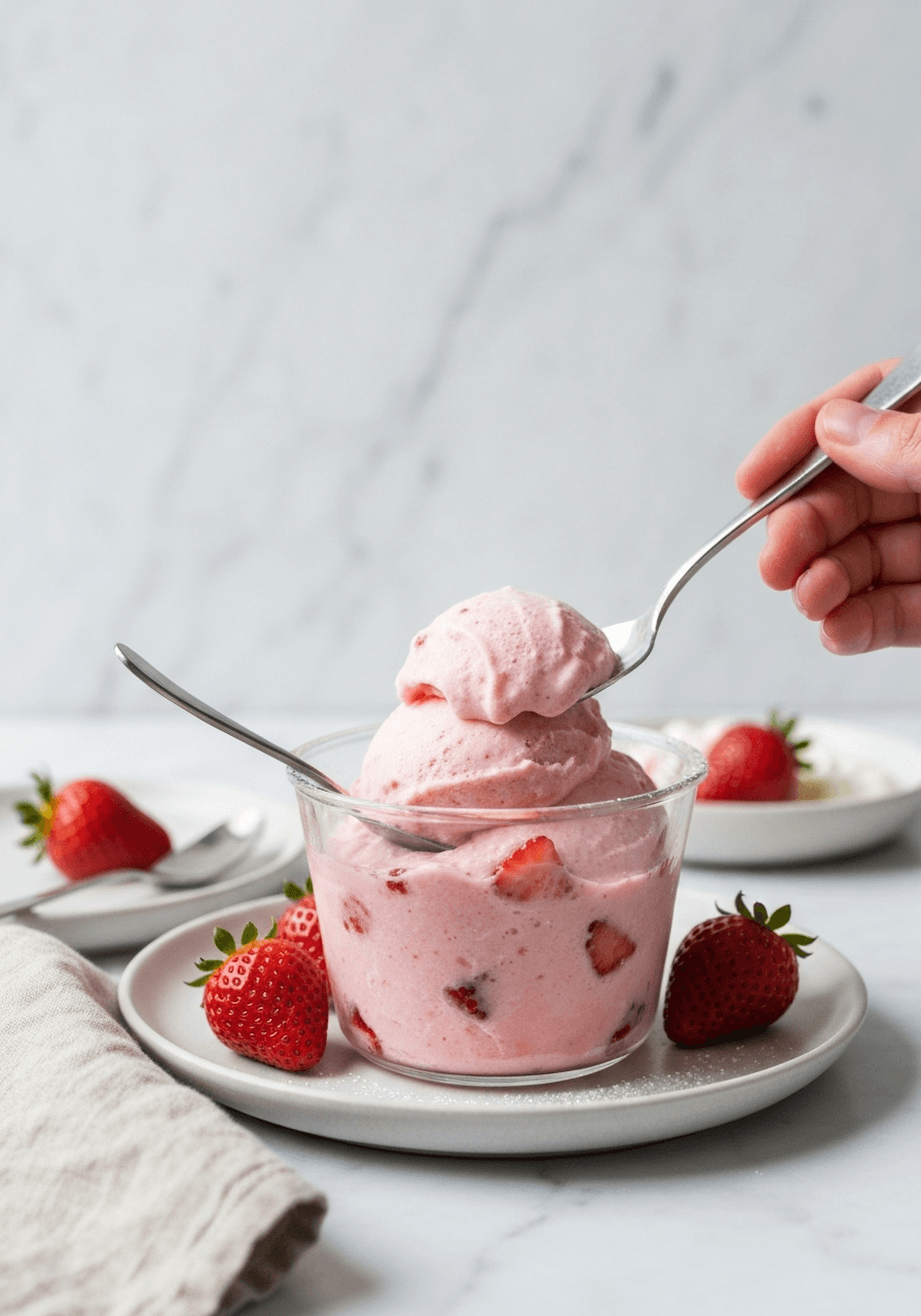 A lighter, healthier frozen treat that doesn't compromise on flavor. Tangy, creamy, and bursting with fresh strawberry goodness.