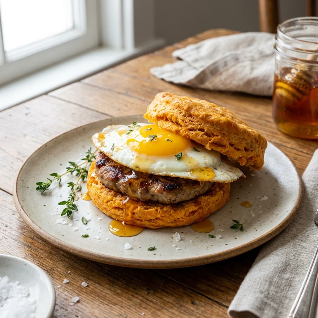Sweet Potato Biscuit Breakfast Sandwich (Hot Honey + Sausage)