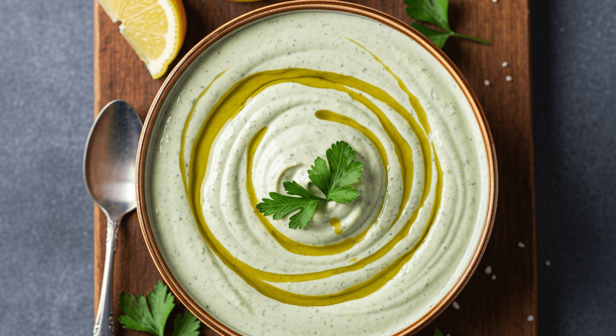 A bowl of green tahini herb dressing with a spoon and fresh herbs nearby