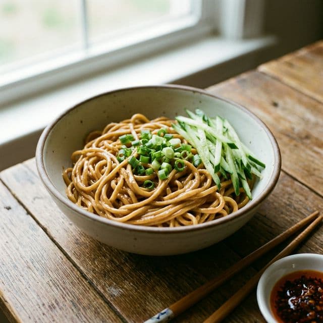 Glossy tan noodles coated in velvety sesame-peanut sauce, topped with green scallions and julienned cucumber.