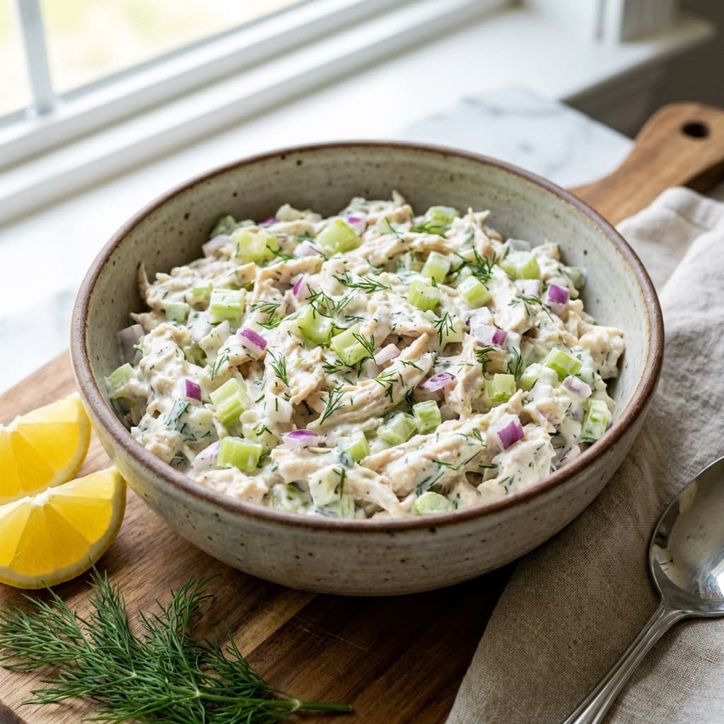Bowl of yogurt chicken salad with celery and herbs